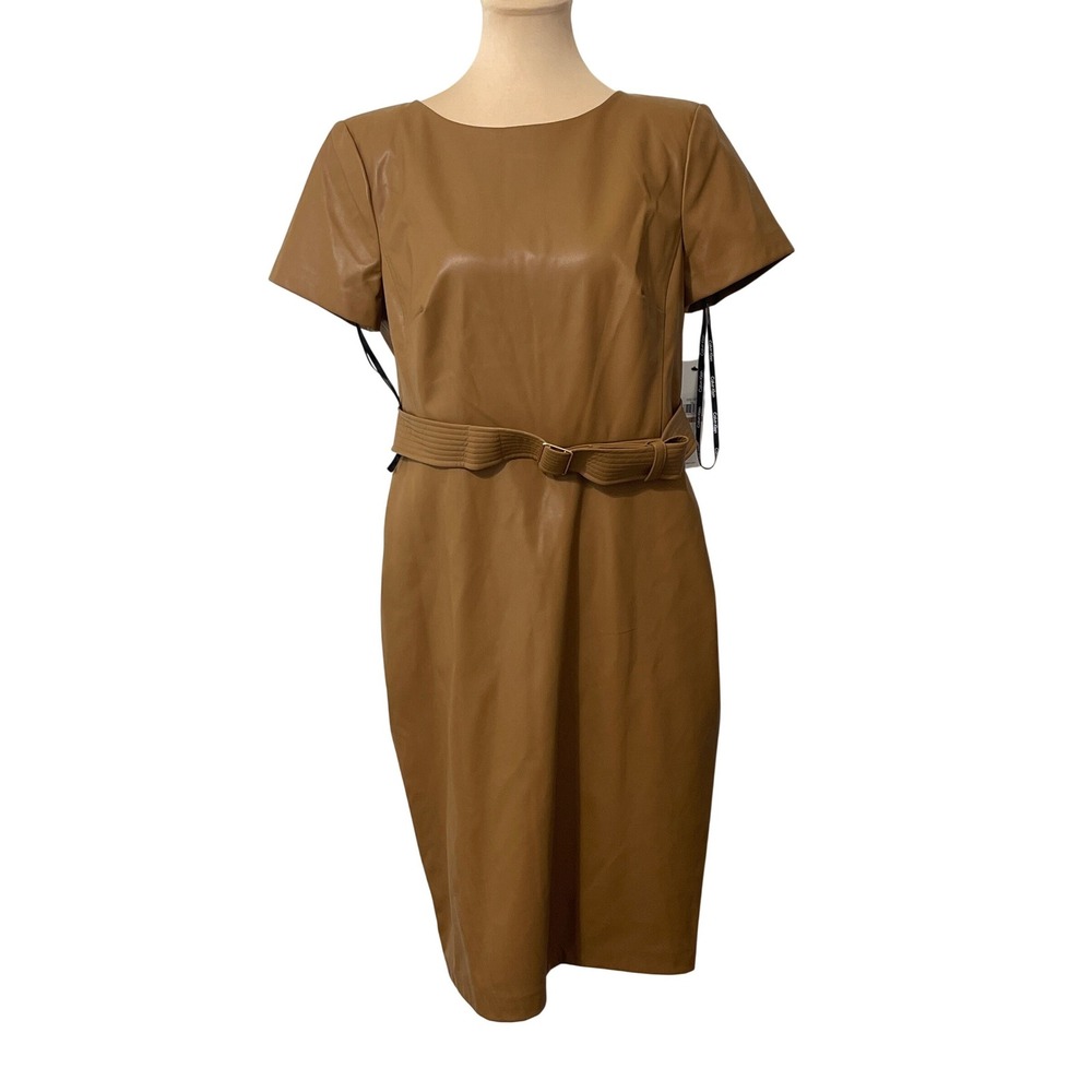 Calvin Klein Faux Leather Belted Sheath Dress 12 Brown Professional‎ Minimalist
